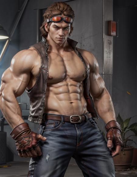 Hwoarang_Tekken, solo, brown hair, gloves, 1boy, male focus, belt, pants, fingerless gloves, vest, muscular, goggles, goggles on head, jeans, <lora:Hwoarang_Tekken:1>, red goggles, hair slicked back