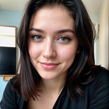 instagram photo, closeup face photo of 23 y.o Chloe in a tight black dress, sfw, interior apartment background, empty wall background, medium breasts, black bra visible through shirt,  medium length black hair, cleavage, pale skin, (smile:0.4), closed mouth smile, hard shadows,  <lora:add_detail:.5>  <lora:epiCRealismHelper:.8>, attractive, ((blue eyes))