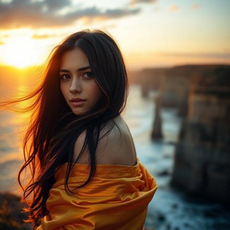 stunning young woman with long, flowing black hair stands near the edge of a cliff at sunset. The golden light from the setting sun casts a warm glow over her skin and hair, creating a radiant and ethereal effect. Her gaze is soft yet captivating, as she looks over her shoulder towards the viewer. The backdrop features dramatic cliffs and a rugged coastline, with waves crashing below. She is wrapped in a golden, shimmering fabric that drapes elegantly over her shoulder, enhancing her natural beauty and blending harmoniously with the sunset hues. --style raw --stylize 999 --v 6.0 --ar 3:4