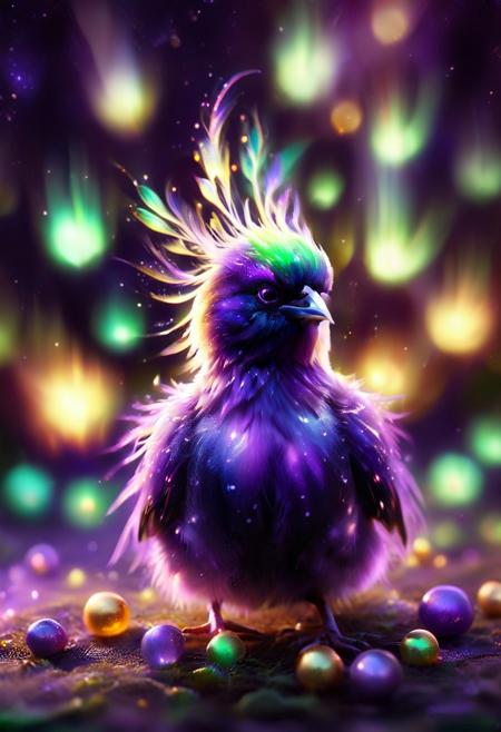 morph-aurora,dark, chiaroscuro, low-key, breathtaking masterpiece showcasing a gorgeous little bird, Violet-crowned nymph,  bathed in soft, golden morning light, surrounded by vibrant bokeh balls that frame its delicate form. <lora:aurora_0_100_V1-000009:1>