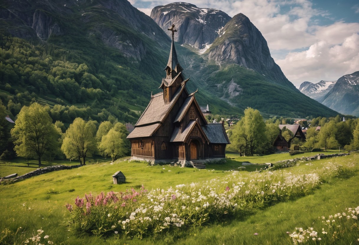 masterpiece, high quality photo, RAW photo, 16K, high contrast, View of a small and isolated Stave Church in Norway in the middle of a meadow surrounded by mountains, in spring, spring vegetation, flowers, birds, late afternoon.
