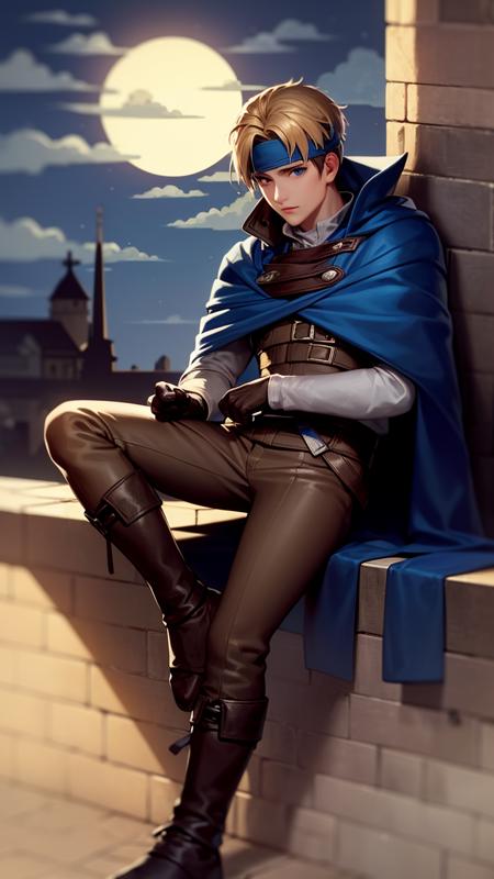 masterpiece, highres, ultra detailed, 1man, flik relaxing on a castle balcony, moonlight, brown hair, blonde bangs, headband, boots, cape, short brown gloves, blue eyes, looking at viewer, <lora:Flikv1:0.8>