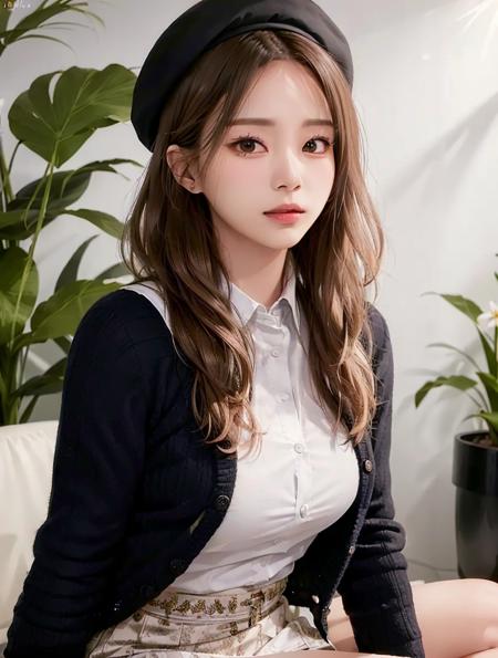 <(masterpiece, realistic:1.3), (extremely intricate:1.2)>, tzu, (detailed face:1.0), (upper body:1.0), soft lighting, wavy hair, black hair, beret, cloud, white shirt, black cardigan , long sleeves, skirt, plants, <lora:tyftw:0.7>