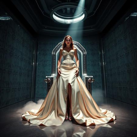 A slender, arrogant  rich norvegian bride, dressed in a luxurious, rich fantasy satin wedding gown with a fitted, boned corset and a full, flared skirt, paired with satin high heels, orgasm face, encased in beam of light from celling. The brainwashing temple electrode,  connected to a  futuristic superconputer rack. Her hands and ankles are bound to a polished steel throne with massive glass hood  by massive steel restraints, accentuating her ultra-thin waist.  weird fog from the floor. The scene is set in a sterile, empty chamber, with a glossy mother-of-pearl finish, evoking a sense of futuristic dread. Inspired by the cinematic styles of Ridley Scott, Guillermo del Toro, and H.R. Giger, with a blend of sci-fi and horror elements, this full-body portrait is a masterpiece of cinematic storytelling, shot on a virtual v-raptor XL camera, with a warm, film-grained aesthetic, subtle vignette, and rich color grading, reminiscent of 35mm film, with dramatic, atmospheric lighting, inviting the viewer to immerse themselves in this epic, stunning scene.