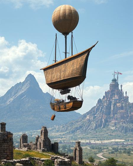 a hyperrealistic image with extreme details of a wooden airship with a balloon, in a steampunk world.  The wooden airship is flying over ancient ruins.  In the background there is a jagged mountain with a steampunk city on the side displaying an airship dock.