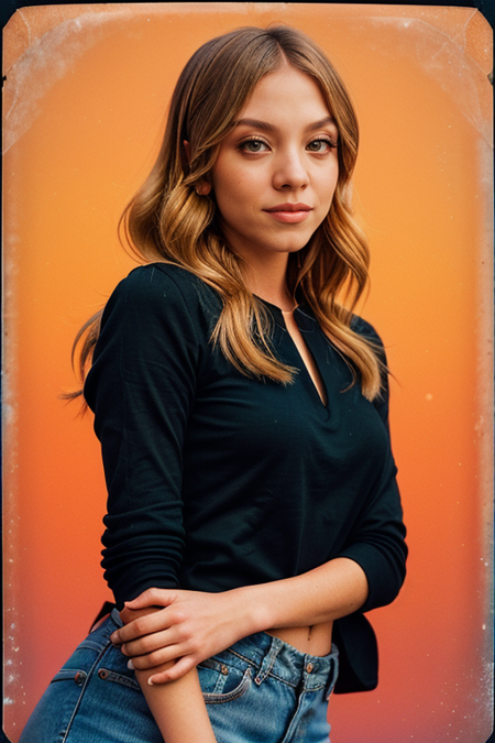 SydneySweeney, Century Camera Co. Studio, 160mm f/8, 1/10s, ISO 25, ((tintype, portrait, full color, bold color, orange, red, gradient)), blouse, ((geometric halftone background))