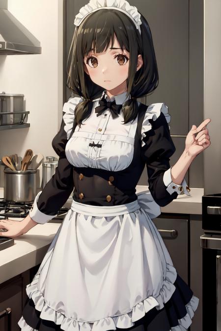 masterpiece, best quality, absurdres, 1girl, solo, HinoAkira, low twintails,  maid, maid headdress, maid apron, kitchen, <lora:HinoAkira:0.8>