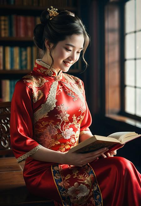 Young antique eropean woman reading a book in a prvate queen library, look at viewer, brunette hair cascading over her shoulders, vivid colors  and soft reds, 
wearing (qipao, satin dress, short dress). (Antique royal gown:1.2) with intricate embroidery, lace collar, and gold accents, worn by a regal queen, her posture elegant and poised, mood relaxed,
looking at viewer, smiles a little, 
lighting natural light streaming through a nearby window, perspective over-the-shoulder, texture soft wool sweater and glossy wooden table.
shallow depth of field, vignette, highly detailed, high budget, bokeh, cinemascope, moody, epic, gorgeous, film grain, grainy,