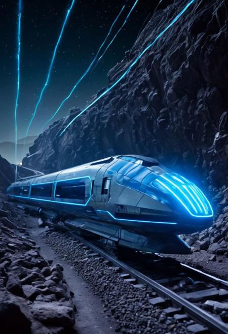 A SCI-FI levitating train flies off into the distance between the rocks on the asteroid cosmos. There is a lot of light and optical luminous cables of different colors on the case. Glowing stripes and lines. The train is powered by an ion jet engine. Technologically, the blue glow from the nozzle. The atom style is punk. The hull has a fantastic shape. lots of glass and titanium. There are ion platforms instead of wheels. Cinematic. stars.soft focus, hyperdetailed photography, soft light, cover