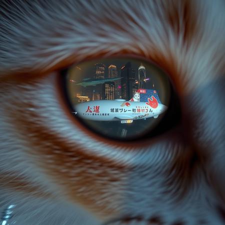 extreme close up portrait of a cat's eye reflecting the a futuristic Tokyo skyline at night from a very high level, the skyline is with futuristic skyscrapers and futuristic transports and futuristic aircraft and spaceships in a variety shapes and sizes, the airships covered with lights and advertisements in Japanese,  reflecting in the cat's eye is a huge airship that has an advertisement with a Japanese cat on the side,