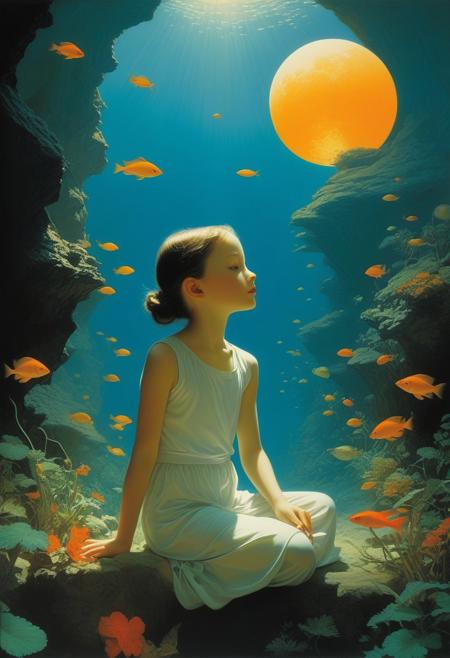 Curiosity, fascination, phosphorescence Artists: Mann, Gammell, Kley, Goldin, Gerome, Quentin Blake, Damien Hirst, Hajime Sorayama, Anne Bachelier, Gibson, Rockwell, Seagrave, Alberto Vargas, N.C. Wyeth, beksinski, Parrish Style: American Realism Color Palette: warm Vibrant, Parrish blue Techniques: impasto Details: idyllic, innocence, fractalize
