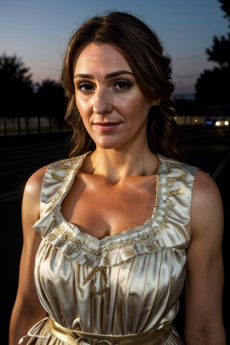 <lora:Suranne_Jones:1> masterpiece, best quality, detailed face, a mature s1873j, 1girl, solo, greek costume ,  parking lot , dusk