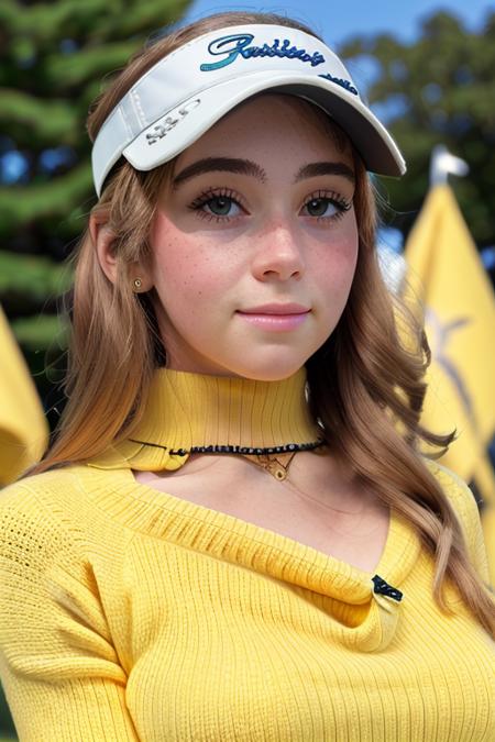 a beautiful young woman on the golf course, perfect day, in a yellow knitted sweater, standing by the flag, (upper body, close up), looking at camera, [smiling, suprised], candid, amateur, (raw, 8k, uhd, fujifilm xt3), sharp focus, highly detailed face, <lora:graceCharis:1>, [freckles]