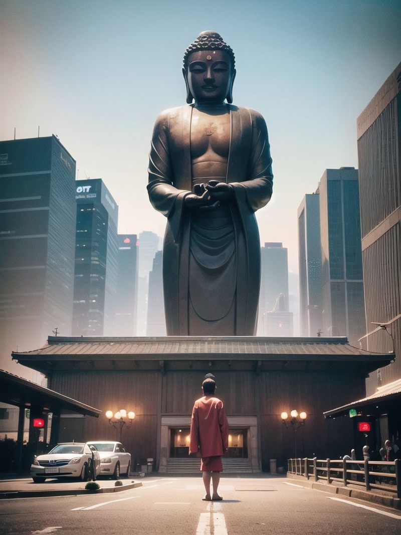 (giant buddha statue meditating:1.2, <lora:zyd232_BuddhaStatue_v1.1:0.6>), (cyberpunk background:1.5), (photorealistic:1.4...
