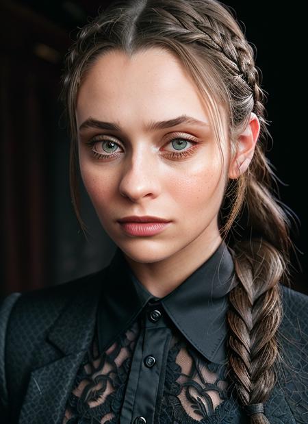 portrait of skswoman, loving , wearing suit , with Side braid , background gothic epic (photo, studio lighting, hard light, sony a7, 50 mm, matte skin, pores, colors, hyperdetailed, hyperrealistic), <lyco:Daniel MelchiorV2:1.0>