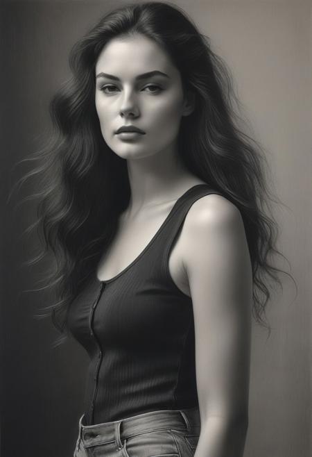 Avant-garde Fashion page, A black and white photograph 
Subject: a female model with long, wavy hair wearing a fitted black ribbed tank top paired with low-rise, faded jeans casually unbuttoned. Her confident yet relaxed pose against a neutral wall emphasizes her natural beauty and effortless style.
Instructions: Create an Avant-garde Fashion Page,  a black and white photograph of the model standing in a softly lit indoor setting with a clean, minimalist background. 
Black and white art, black pencil shading, charcoal drawing, toned paper, pencil drawing, brutal dark b/w color scheme