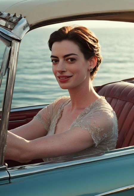 A photorealistic image of Anne Hathaway, with a serene smile on her face, gripping a jeweled dagger and plunging it into her palm. Blood trickles down her wrist, but her expression remains calm and composed. She's behind the wheel of a vintage car, driving down a scenic coastal highway with the ocean sparkling in the background. Style tags: photorealistic, 8k resolution. Additional tags: vintage car, coastal highway, serene expression, blood on hand.