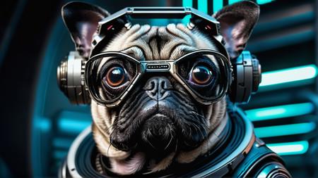 Alien-themed cyberpunk version of pug dog  . Extraterrestrial, cosmic, otherworldly, mysterious, sci-fi, highly detailed