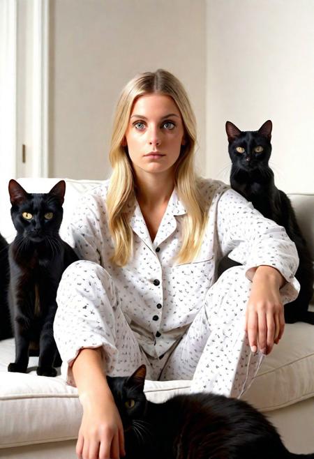 (((1girl surrounded by multiple black cats:1.2))) Professional photograph, long angle shot of 25 year old blonde woman <lora:quiron_ElsaJean_v1_lora:0.6>, elsajeanquiron she's wearing a full body cute pyjamas. She's sitting on a long couch in a white-walled living room, homely background. ((there are cats behind her and at her sides)). (((multiple black cats around her))), absurdres, highrest, 8k, masterpiece, highest quality, masterpiece, award winning shot, comical picture, funny vibes.