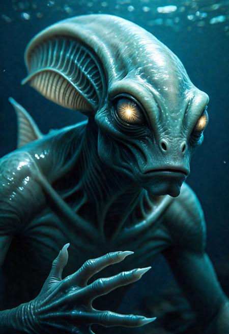 A close-up of an aquatic alien creature, with glistening, slippery skin, gills fluttering on the sides of its neck, large webbed fingers, and eyes that have evolved to see in the deepest oceans, glowing faintly.