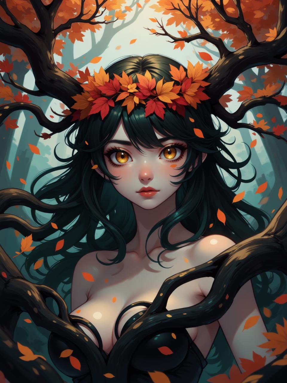 Close-up portpait. Elaborate fantasy scene featuring a figure entwined with dark, twisting branches and vibrant autumn leaves. The figure has long, flowing hair that blends seamlessly with the surrounding foliage. A crown made of red and orange leaves adorns the head, enhancing the ethereal quality of the setting. The skin is pale and contrasts beautifully with the dark branches and rich colors of the leaves. The background is a misty forest, with muted earthy tones and hints of soft green, creating a mystical atmosphere. The lighting is soft and diffused, adding to the dreamlike quality of the scene. The overall aesthetic leans towards hyperrealism, with intricate details in the texture of the hair, skin, and foliage, capturing a sense of enchantment and connection to nature. anime style digital painting <lora:flux_nova_1:0.8> <lora:fca_style_32:0.75> <lora:Anime_detail_eye:0.7>