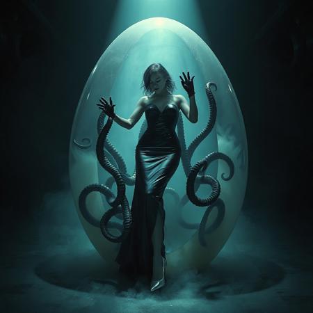 noble norvegian femme fatal lady  standing struggling with  tentacles holding her and pulling her inside  hole in giant transparent slime egg,  wearing evening GLOSSY THIN black slime live tentacles gown, GLOVES  and high heels, , surrounded by  weird fog from the floor, captured in light beam from celling,  alien breeding chamber,  , portholes to outer space,  ultrathin waisT, HORROR,  reminiscent of H.R. Giger, Zdzisław Beksinski, and Ash Thorp's dark, sleek styles, with close-up glamour photography, glossy satin and silver heels glistening, fleshy slime dripping, and dark shadows.