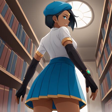 Ciel_RWBY Blue eyes,short hair, forehead jewel, dark-skinned female, black hair, beret, fingerless gloves, white shirt, short sleeves, pleated skirt, black gloves, blue skirt, elbow gloves