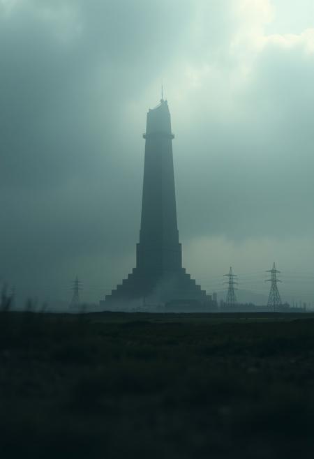 View from lower ground, a tower looms in the distant, the tower is uneven and jagged in a non-natural way, solemn stasis, Electronic, electricity, radioactivitythe silence before the storm, whispers in the dark, epic proportions, dynamic lighting, dust, gloom