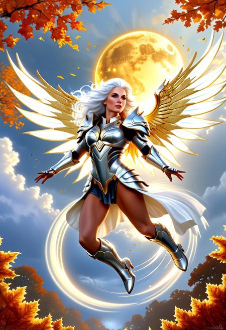 rating_safe, score_9, score_8_up, score_7_up, (best quality:1.4), (high detail:1.3), (fantasy art:1.2), (digital painting:1.1), 
(Striking woman:1.2), (silver-white hair:1.1) flowing in the wind, (halo:1.2), (powerful expression:1.1), 
(armor made of shimmering plates:1.4), (gilded with gold accents:1.2), 
(massive wings the color of autumn:1.5), (anatomically correct wing placement:1.4), (attached to back), 
(dynamic pose:1.3), (mid-air leap:1.2), (3/4 view:1.2), 
(sign with text "Need Buzz" held aloft:1.2), 
(ethereal light:1.1), (dreamy twilight sky:1.1)