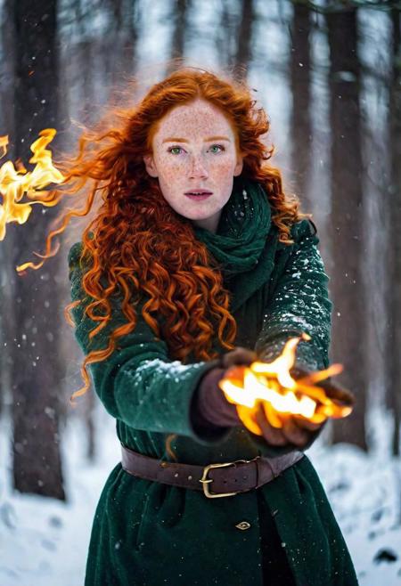 Irish woman in snowy forest, burning hands, breathing fire, glowing eyes, magic fire, fire powers, dramatic light, high contrast shadows, creating fire, 
a woman with pyrokinetic powers, in snow storm,( freckles:1.5), green eyes, ginger hair, big curls, looking at viewer, wearing fire, wrapped in fire, infernal fire melting snow, 
outside medium full shot, dutch angle, twisted view,
cinematic, detailed textures, bokeh, natural lighting, 4k uhd, dslr, soft lighting, high quality, Fujifilm XT3