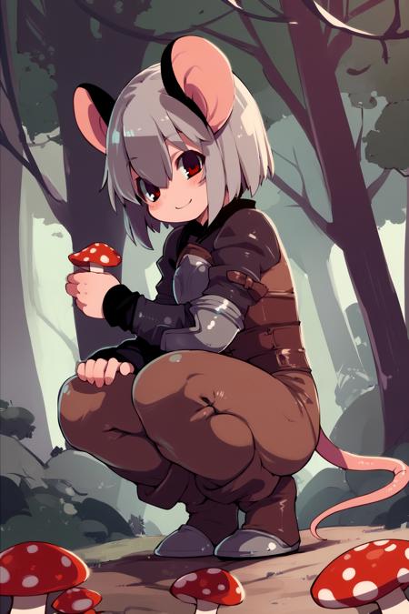 5 fingers, score_9, score_8_up, score_7_up, score_6_up, score_5_up, score_4_up, source_anime, side view, fungus, mushroom, forest, tree, female, solo, humanoid, not furry, mouse humanoid, bob cut, grey hair, (hair between eyes:1.1), red eyes, looking at viewer, smile, flat chested, crouching, leather armor, long sleeves, brown pants, medieval clothes