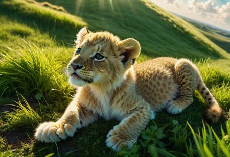 Fractal landscape. Wide-angle shot. Translucent Sun-shot cloud Lion Cub Glowing in the sunlight on a green land protecting an injured exquisite Dragon, Tight detailing, Cinematic, 8k, photo realism