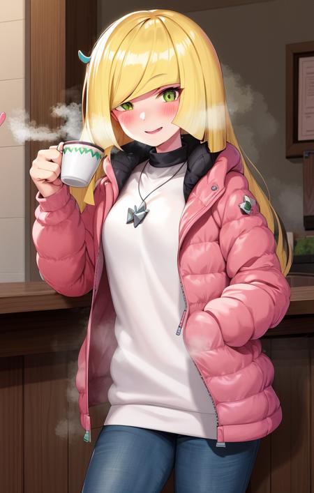 <lora:LusaminePokemon0:1> highres, detailed, soft lighting, indoors, winter clothes, jacket, jeans, drinking tea, steaming liquid, lusamine [pokemon], 1girl, happy expression, blush, hearts