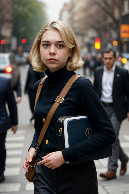 SnailMail, 1girl, ((dyed blonde hair, dark roots)), (slim, fit), (spy agency) photo, (closeup on upper body:1.3), (professional assassin, banker clothing, walking down busy sidewalk, lots of people bustling, European old city, afternoon sweet lighting, high camera angle, long zoom lens medium format camera), in the style of (Mission Impossible, John Le Carre)