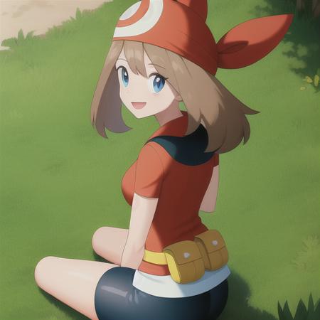 <lora:character_pokemon_may_v2:0.5> forest, 1girl, character_pokemon_may, solo, sitting, on ground, arm support, from behind, from above, from side, looking at viewer, smile, bandana, shirt, skirt, bike shorts, fanny pack