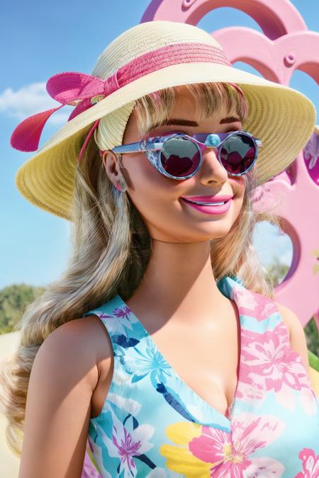 Barbie wearing a large sunhat, sunglasses, a floral summer dress, with a happy look on her face <lora:Glacier Sunglasses:1>, <lora:add_detail:1><lora:TS_Barbie:0.8>