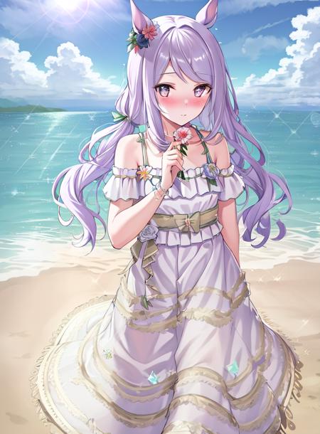 (masterpiece:1.2), (best quality:1.2), (highly detailed:1.2),(highres),horse ears,standing, ((holding flower)), blush, sparkle, lens flare, ray tracing, beach, ocean, cloud, beautiful detailed sky, in summer,upper body