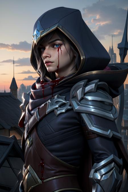 (masterpiece, best quality:1.2), intricate details, <lora:A3D_Beta:1>, <lora:talon-000017:1>, talon \(league of legends\), 1boy, male focus, armor, hood, gloves, cape, blood, blood on clothes, upper body, realistic, outdoors, rooftop