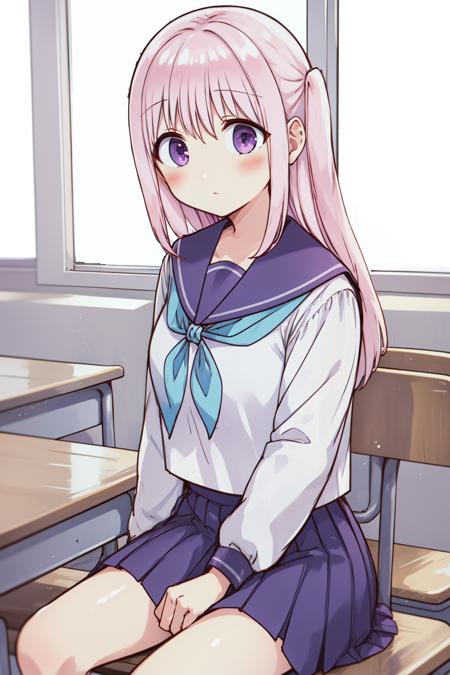 1girl, classroom, cowboy shot, sitting, lite smi
kashiwada, purple eyes, pink hair,  long hair, bangs, sidelocks, blush, school uniform, serafuku, neckerchief, sailor collar, long sleeves, pleated skirt, <lora:kashiwada_lora_ver1:0.8>, best quality, masterpiece, highres, <lora:GoodHands-vanilla:1>