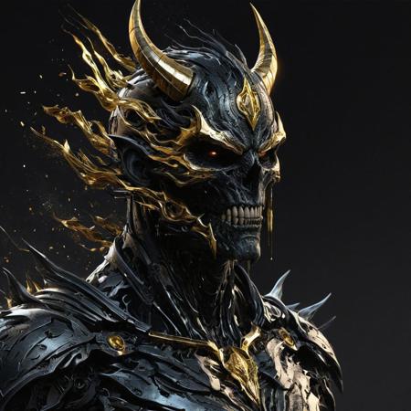 create an  CGI animated cartoon  Godspeed art style  , a corrupted male A.I avatar, make  the design holographic  , give it a demonic  a black appearance, with sharp teeth )  but make fall in line with the demon lord archtype, with tattered apperance  , as well as the sin of pride , ,  make it look like it's made of corrupted data give it  glitched  out appearance, have it look it's made of corrupted data,  a black appearance , with gold accent, and gold 1's and zeros , gold era ,think a digital eldritch  and gold apperance abomination