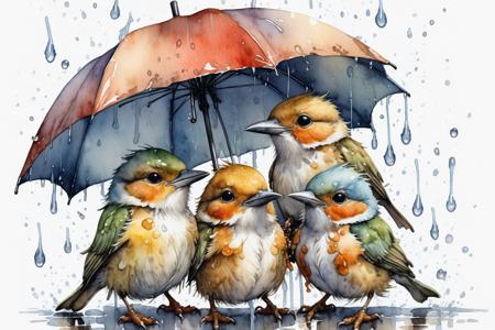 Watercolor painting,  Jean-Baptiste Monge,  cute little birds gathered in the rain under an umbrella,  splash,  close up,  cute,  filigree add flowers UHD,<lora:EMS-61413-EMS:0.800000>