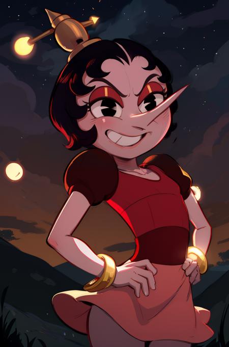 hildaberg,black hair,short hair,black eyes,pink skin,(pointy nose:1.1),
red dress,red dress,puffy short sleeves,-short skirt,gold bracelets,evil smile,teeth,small gold hat,
standing,
nighttime,plains,
(insanely detailed, beautiful detailed face, masterpiece, best quality),<lora:hildaberg-10CHv8:0.9>,