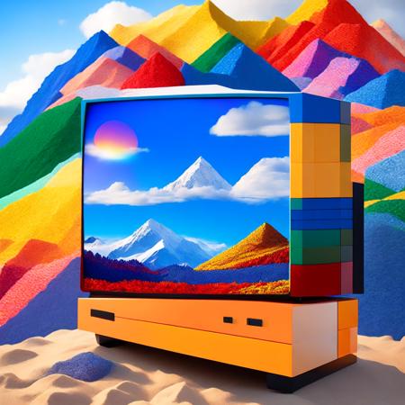 (boxedfuture style:1) a television made out of legos with a mountain scene in the background <lora:djzBoxedFutureV21_LoraBooth:1>