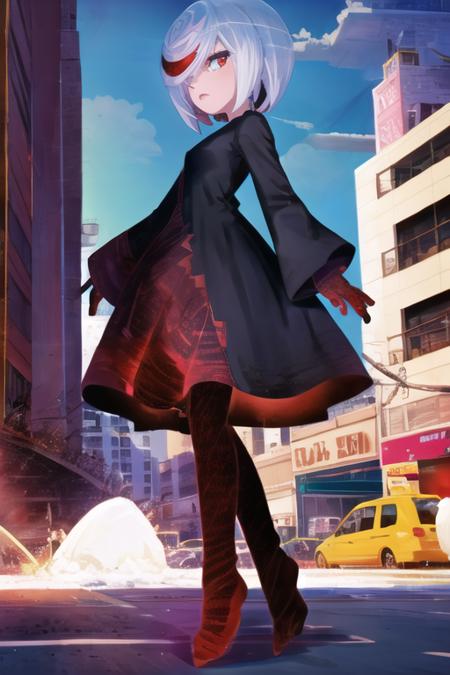 1girl, sageai, black dress, red legwear, city <lora:sageai-mk2-final-nohc:1>