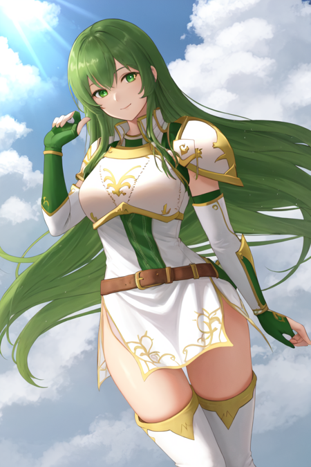 <lora:Erinys_FE-08:0.9>  Erinys fe, 1girl, solo, looking at viewer, smile, white thigh boots, green fingerless gloves, closed mouth, thighs, sleeveless, green elbow gloves, white dress, armor, short dress, shoulder armor, breastplate, blue sky, clouds, sunlight