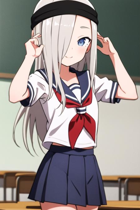 masterpiece, best quality, <lora:kunoichi_hototogisu:0.7> 1girl, solo, blue eyes, grey hair, long hair, hair over one eye, indoors, classroom, smile, black headband, serafuku, sailor collar, red neckerchief, pleated skirt,