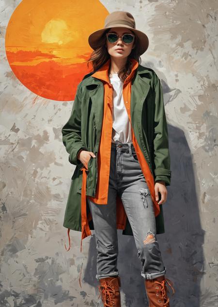 Create a detailed digital illustration in the style of an oil painting, featuring a young woman standing confidently against a warm, textured background with a glowing sun. She wears a wide-brimmed hat with goggles, a loose red jacket over a gray t-shirt, and two-tone cargo pa.nts - one leg orange, the other green - paired with high-top boots with orange laces. Use slightly rough texture and dramatic lighting to highlight the folds of her clothing and the details of her accessories. The colors should be rich and saturated, creating a vivid, dynamic atmosphere. Keep the background minimal and neutral to emphasize the bold and adventurous mood —ar 3:4 —s 1000 —style raw —v 7
 <lora:Dorota_2:1> Dorotanima style    <lora:DarkAnimeArt_V1:1> dark line art