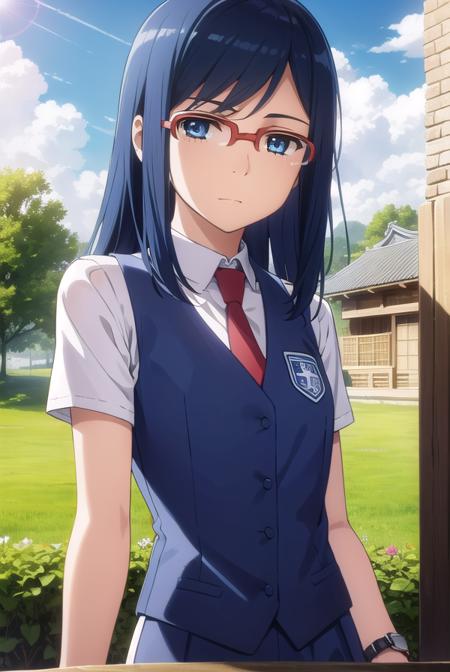 chirikotsurumi, <lora:chiriko tsurumi s1-lora-nochekaiser:1>,
chiriko tsurumi, long hair, blue eyes, blue hair, glasses, red-framed eyewear,
BREAK school uniform, necktie, watch, wristwatch,
BREAK outdoors, house, fields, grass, sky, sun, clouds,
BREAK looking at viewer, (cowboy shot:1.5),
BREAK <lyco:GoodHands-beta2:1>, (masterpiece:1.2), best quality, high resolution, unity 8k wallpaper, (illustration:0.8), (beautiful detailed eyes:1.6), extremely detailed face, perfect lighting, extremely detailed CG, (perfect hands, perfect anatomy),