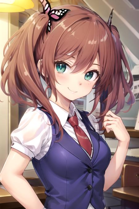 ((masterpiece)),(best quality),official art,extremely detailed CG,unity 8k wallpaper,ultra detailed,beautiful detailed eyes,extremely detailed face,1girl,solo,upper body,(portrait:1.5),looking at viewer,facing viewer,smile,brown hair,long hair,twintails,butterfly hair ornament,bangs,hair between eyes,green eyes,school uniform,blue vest,collared vest,red necktie,collared shirt,white shirt,puffy short sleeves,medium breasts,miniskirt,white skirt,pleated skirt,frills,white socks,loafers,<lora:Mihama Saki(rk):0.9>,