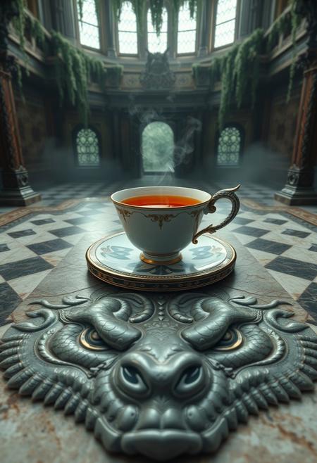 "Create a hyper-realistic image of a delicate, fine china teacup with a reptilian tail handle, filled with steamy tea and sitting on a checker patterned marble table. The table should be ornate and antique, with intricate carvings and a rich, polished finish. The floor underneath the table should be a massive, limestone slab chiseled with the face of a reptilian creature, adding a sense of ancient, mystical power to the scene. The room should be a grand, high-ceilinged space with hanging moss and thick, mist-shrouded air that gives the impression of a long-abandoned, overgrown mansion. The overall effect should be one of eerie, mystical wonder, with a focus on the contrast between the delicate, refined china and the rough, ancient stone of the floor." highest-Quality, 8 k, intricate details, visually stunning, Masterpiece